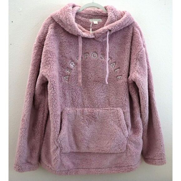 Aeropostale Women's Sz L Pink Sherpa Fleece Embroidered Logo Pullover Hoodie - Picture 1 of 7
